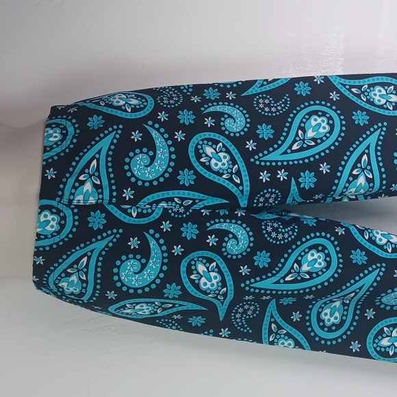 Vibrant Black Turquoise & White Paisley Legging Lounge 8% Spandex Slacks SZ S - Picture 5 of 8